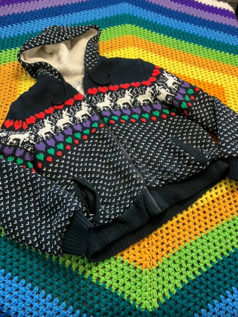 80s Vintage Outerbound HMS Black Rainbow Unicorn Heart Knit Sherpa Hoodie Jacket